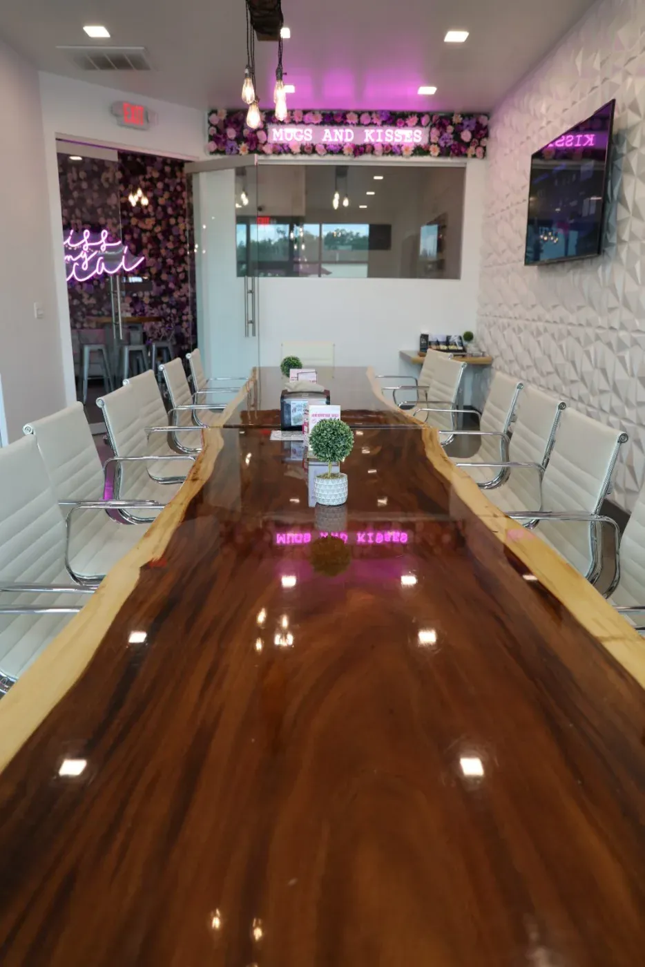 Private meeting room with live-edge table