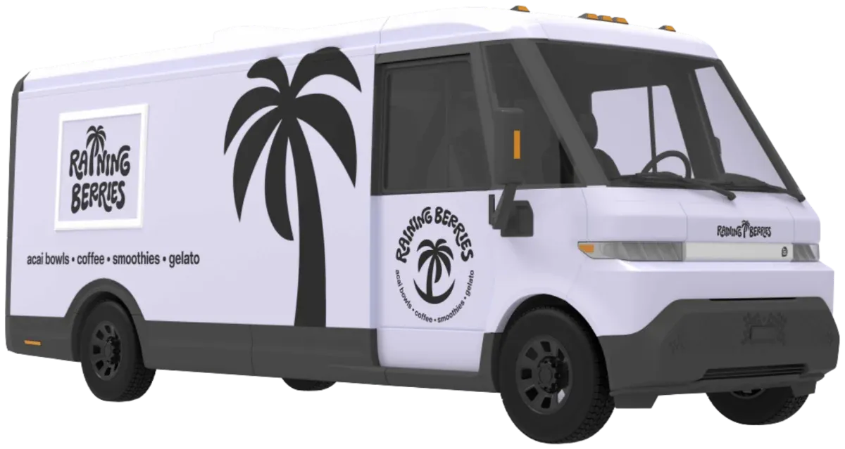 Raining Berries EV food truck in Pearl White